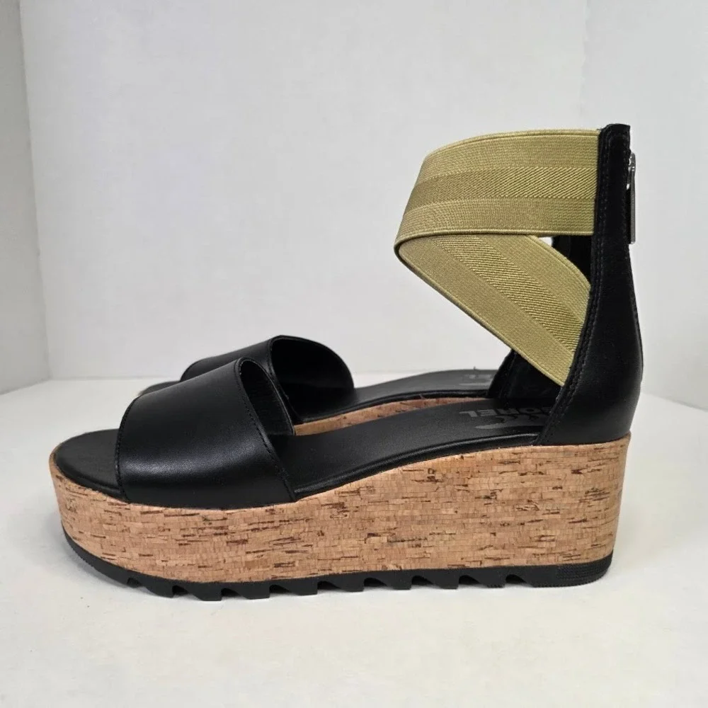 Sorel Women 7.5 Cameron Flatform Sandals Black Sage Cork LL6025-010